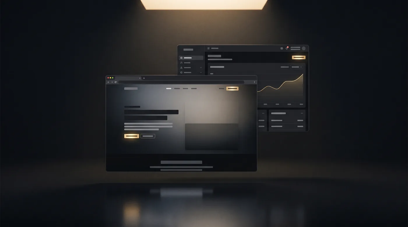 Vorschau der Software: dunkle Landingpage und Admin-Panel